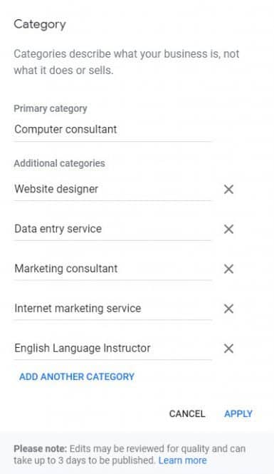 Google My Business - GMB - Category