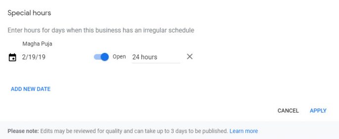 Google My Business - GMB - Info - Special Hours